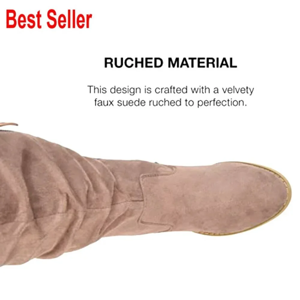 Faux Suede Over-the-Knee Boots with Stacked Heel and Ruched Detail